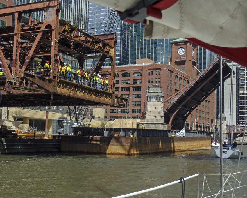 Passing by the N. Wells St. Bridge construction crew